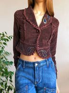 Blazer crop top marrone borgogna con cuciture e ricami