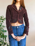 Blazer crop top marrone borgogna con cuciture e ricami