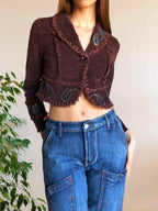 Blazer crop top marrone borgogna con cuciture e ricami