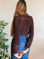 Blazer crop top marrone borgogna con cuciture e ricami