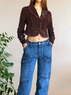 Blazer crop top marrone borgogna con cuciture e ricami