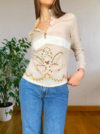 Beigefarbene Bluse im Stil der 2000er mit Stickereien und Pailletten