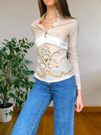 Beigefarbene Bluse im Stil der 2000er mit Stickereien und Pailletten