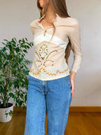 Beigefarbene Bluse im Stil der 2000er mit Stickereien und Pailletten