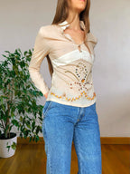 Beigefarbene Bluse im Stil der 2000er mit Stickereien und Pailletten