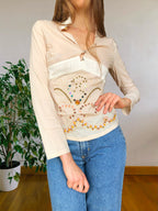 Beigefarbene Bluse im Stil der 2000er mit Stickereien und Pailletten