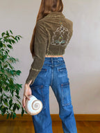 Khaki green cropped blazer with stitching and embroidery