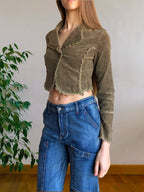 Khaki green cropped blazer with stitching and embroidery