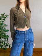 Khaki green cropped blazer with stitching and embroidery
