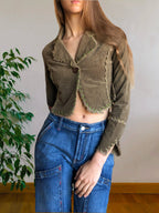 Khaki green cropped blazer with stitching and embroidery