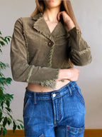 Khaki green cropped blazer with stitching and embroidery