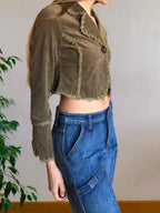 Khaki green cropped blazer with stitching and embroidery
