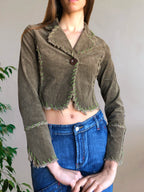 Khaki green cropped blazer with stitching and embroidery
