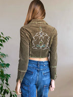 Khaki green cropped blazer with stitching and embroidery