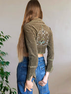 Khaki green cropped blazer with stitching and embroidery