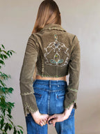 Khaki green cropped blazer with stitching and embroidery