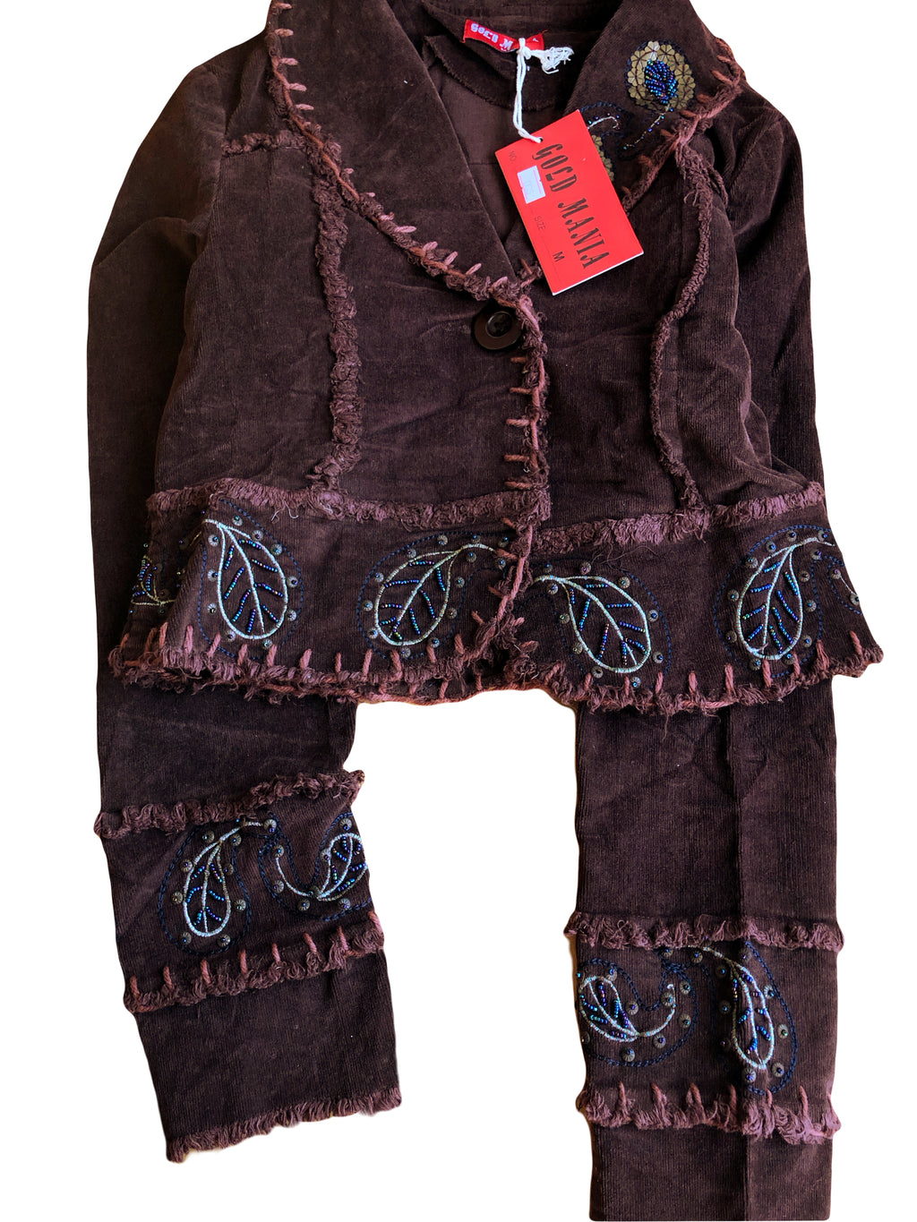 Blazer crop top marrone borgogna con cuciture e ricami