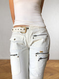 Pantaloni bianchi vintage anni 2000. Cargo, zip, cintura e fibbie