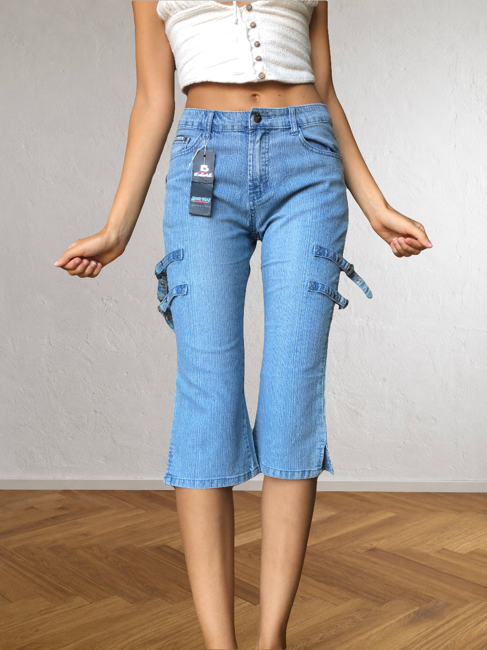 2000s light blue Capri jeans with side buckles