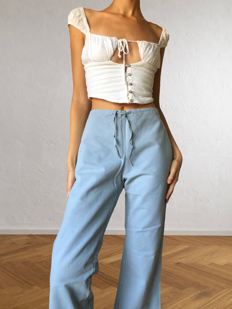 Pantaloni Vintage ONYX anni 90 in cotone. Vita bassa con laccio, gamba ampia