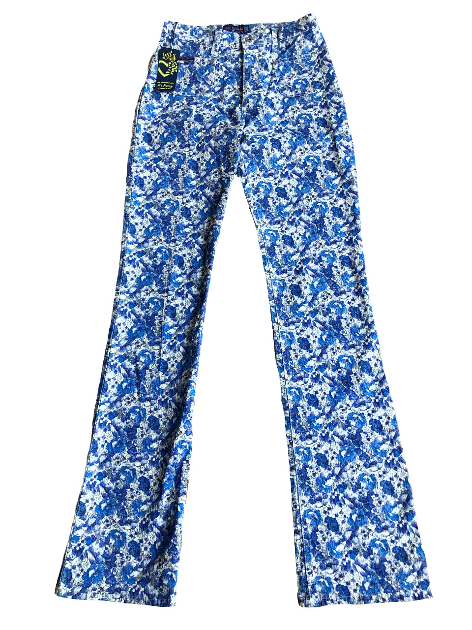 Blaue und weiße ONYX-Hose mit Blumenmuster im Stil der 90er