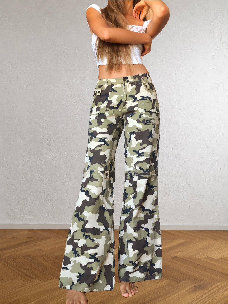Pantaloni Militari Mimetici anni 90. Gamba ampia vita bassa
