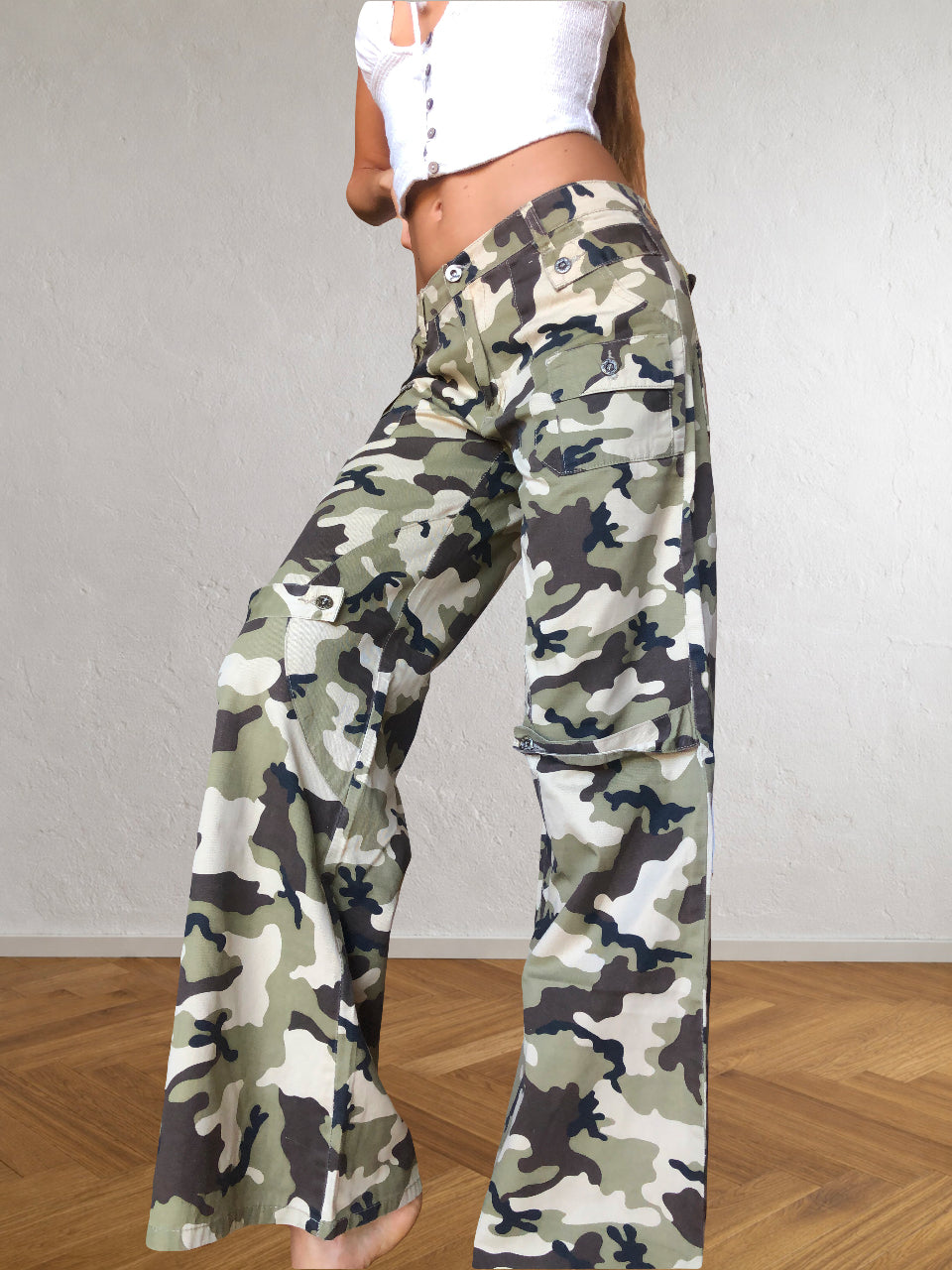 Pantaloni Militari Mimetici anni 90. Gamba ampia vita bassa