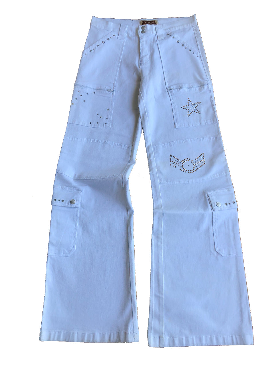 Weiße Cargo-Hose WANLI mit Strass und Nieten im Stil der 2000er
